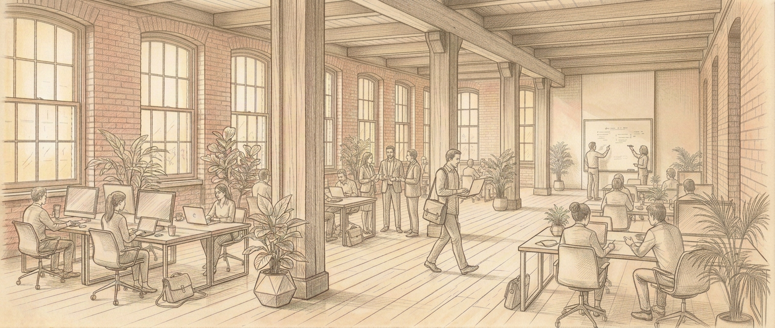 An empty historic loft floor — wood planks, tall factory windows, exposed brick